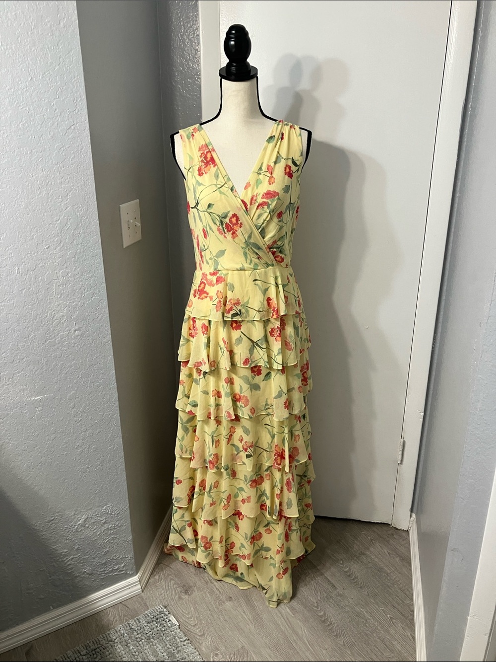 Ralph Lauren Yellow Floral Tiered Wrap Maxi Dress